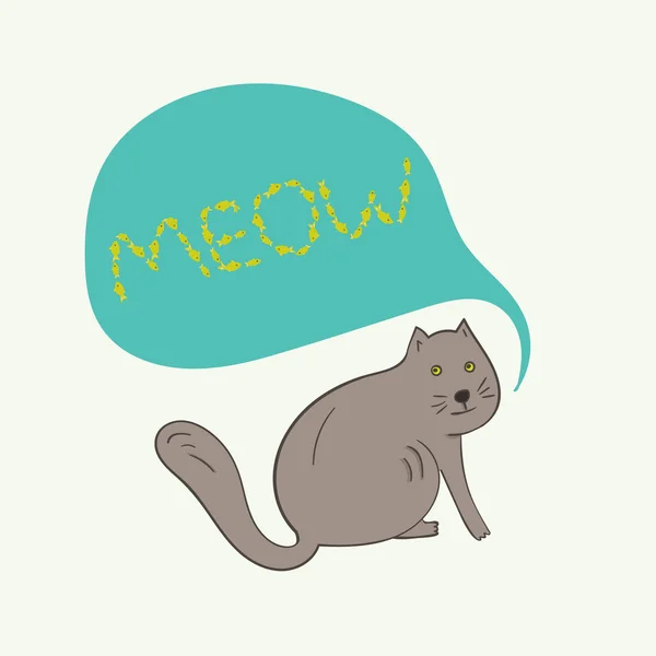 Funny gray cat with meow text in bubble — Stock Vector