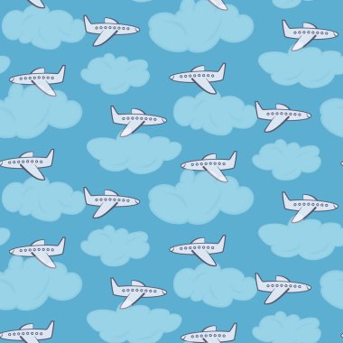 Cute white planes in the sky with clouds pattern clipart