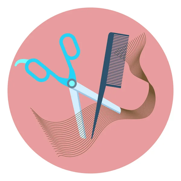 Flat hairdressing icon with scissors, comb, hair — Stock Vector