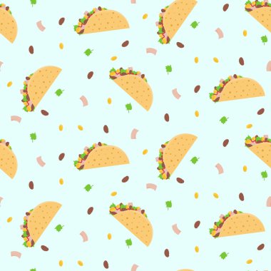 Sevimli çizgi renkli seamless modeli ile Meksika tacos, Mısır, marul ve börülce