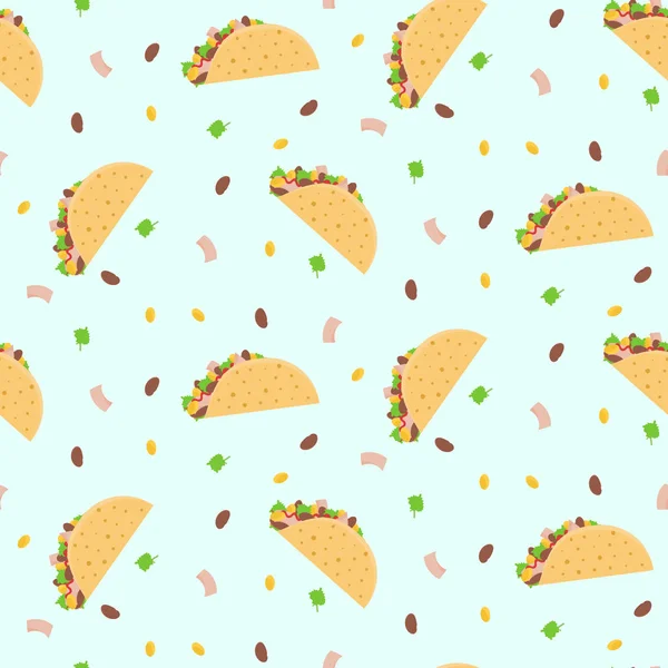 Χαριτωμένο κινούμενα πολύχρωμο μοτίβο άνευ ραφής με μεξικάνικα τάκος, καλαμπόκι, μαρούλι και φασόλι — Διανυσματικό Αρχείο