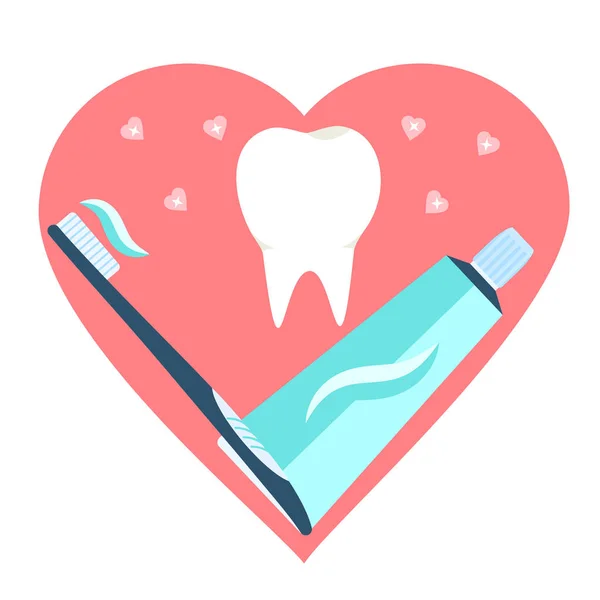Amo dentifricio, spazzolino e dente. Vettore piatto simbolo denti spazzola dentale — Vettoriale Stock