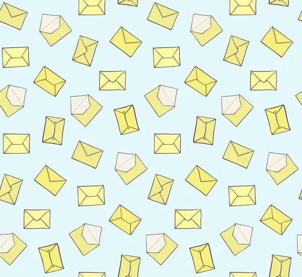 Mão bonito desenhado fechado e aberto envelopes amarelos em fundo azul sem costura padrão. Textura de correio postal — Vetor de Stock