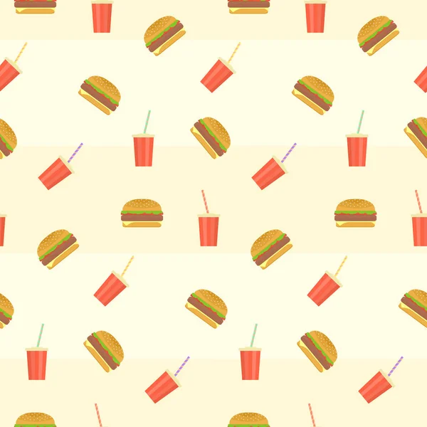 Leuke kleurrijke hamburgers, hamburgers en rood plastic drinken caps naadloze patroon — Stockvector