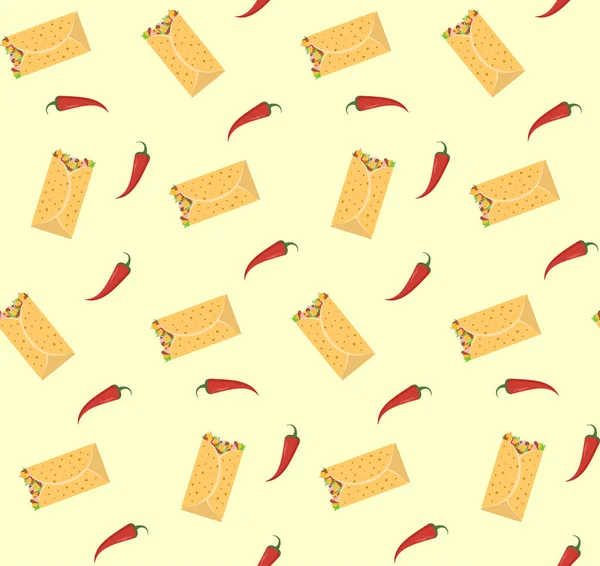 Leuke kleurrijke burrito en rode chilipeper naadloze patroon — Stockvector