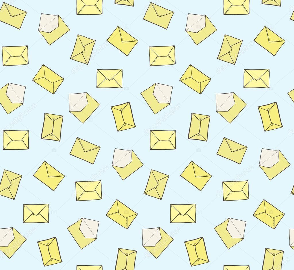 Cute hand drawn closed and opened yellow envelopes on blue background seamless pattern. Post office mail texture