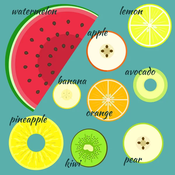 拆分为两半的平炫彩矢量水果 — 图库矢量图片