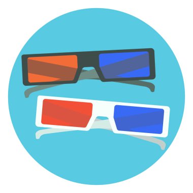 Düz vektör siyah beyaz 3d sinema gözlük. Kırmızı ve mavi lens ve siyah ve beyaz çerçeve ile 3D Sinema gözlük