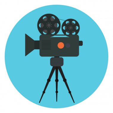 Düz vektör retro sinema kamera ile film şeridi bobin simgesi. Sinematografi sembolü