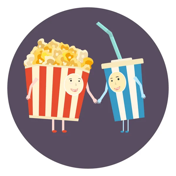 Vector plano perfecto cine amigos pareja - palomitas de maíz y cola — Vector de stock