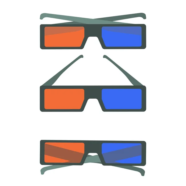 Ensemble vectoriel plat de lunettes de cinéma 3D noires. Lunettes cinéma 3d avec lentille rouge et bleue et cadre gris — Image vectorielle