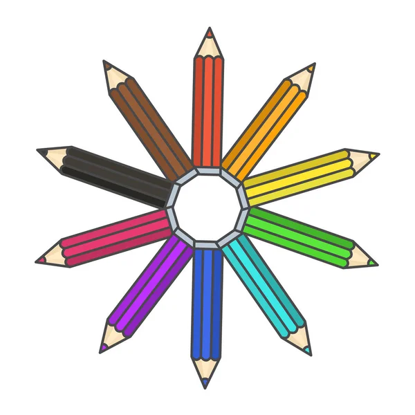 Flache helle Farbe Bleistift-Symbol, Farbstifte in Farbrad Kreis organisiert — Stockvektor