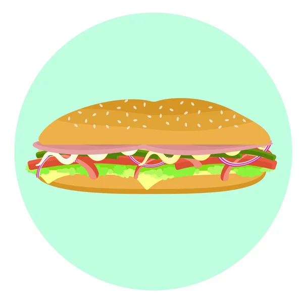 Flat vector delicioso colorido sub sanduíche com bacon, alface, tomate, pimenta, queijo, cebola — Vetor de Stock