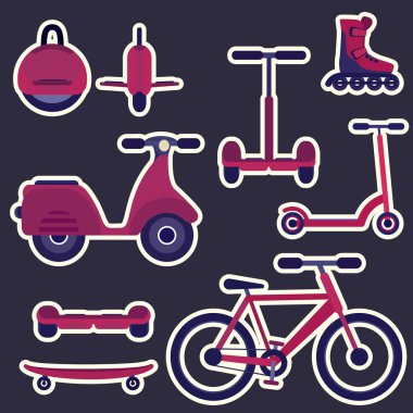 Düz mor ve mor çizgi film moda şehir taşıma çıkartmaları kümesi