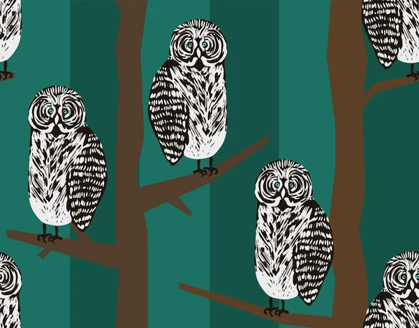Φρικιό hipster χωρίς ραφή πρότυπο με tawny κουκουβάγιες σε δάσος νυχτερινό — Διανυσματικό Αρχείο