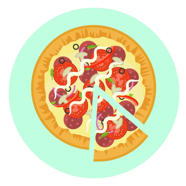 Επίπεδη διάνυσμα νόστιμα πολύχρωμο πίτσα με σαλάμι αέρος, μανιτάρια, ντομάτα, πιπέρι εικονίδιο — Διανυσματικό Αρχείο