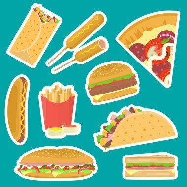 Parlak düz vektör lezzetli fastfood çıkartmaları kümesi