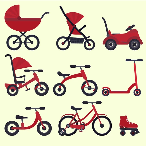 Flat bright red baby transport set for kids from birth till school — стоковый вектор