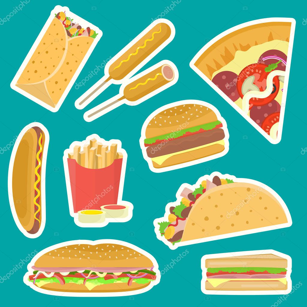 Bright flat vector tasty fastfood stickers set