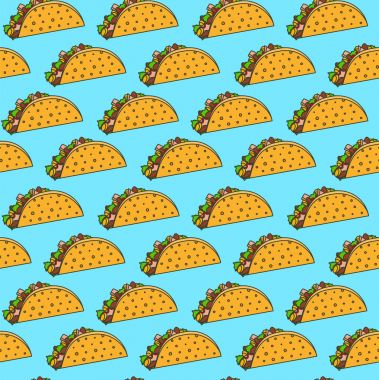 Taco üzerinde mavi arka plan ile parlak Meksika fastfood seamless modeli