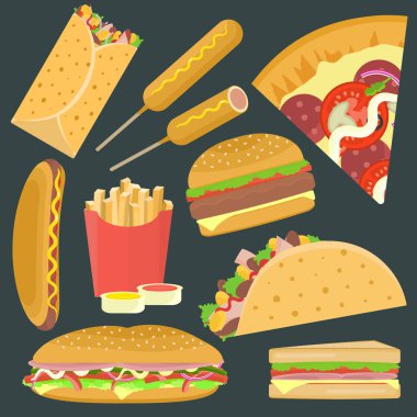 Düz parlak vektör lezzetli fastfood Icons set