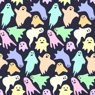 Sevimli küçük korkunç renkli ghosts koyu arka plan üzerinde ile Seamless Modeli