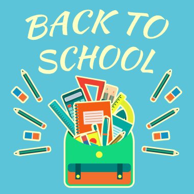 Başa okul poster ile okul alet çantasındaki parlak mavi arka plan üzerinde renkli vektör