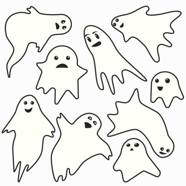 Sevimli ve komik küçük beyaz anahat hayalet karakter farklı duygularla