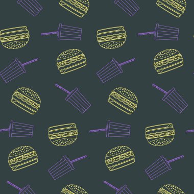 Şirin anahat sarı hamburger ve menekşe plastik kola kapaklar seamless modeli koyu arka plan üzerinde