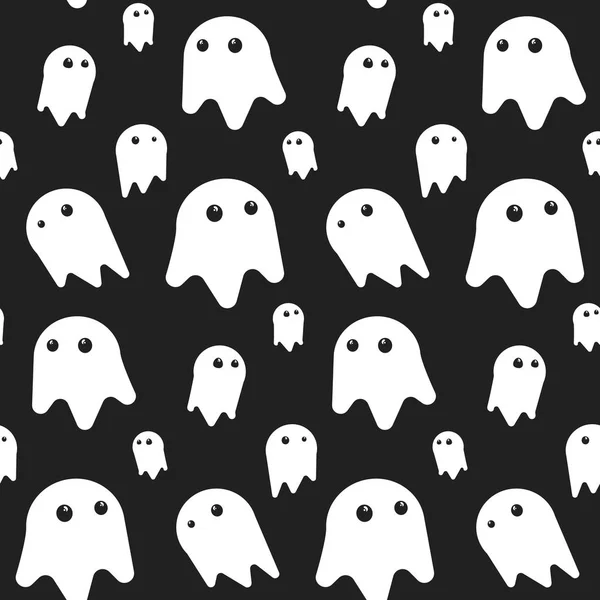 Cute seamless pattern with white funny ghosts on black background — Stock Vector