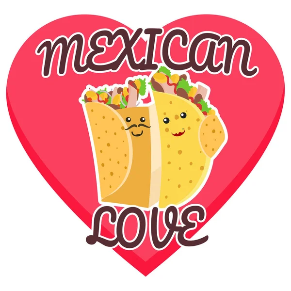 Símbolo de amor mexicano com burrito abraçando e taco — Vetor de Stock