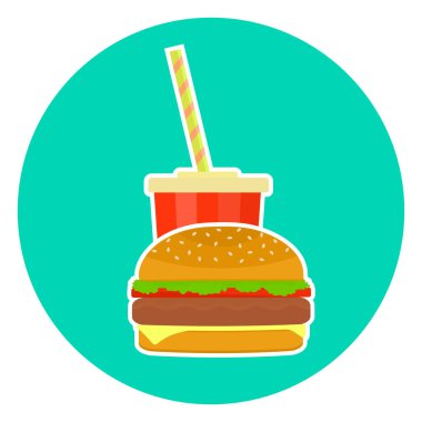 Düz renkli vektör güzel lokanta çift - cola ve hamburger