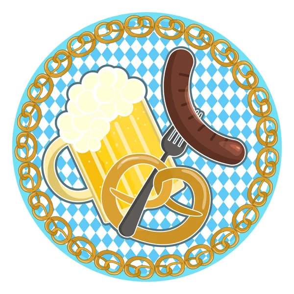 Oktoberfest symbol med öl, korv och Kringla på runda bayerska flagga bakgrund — Stock vektor