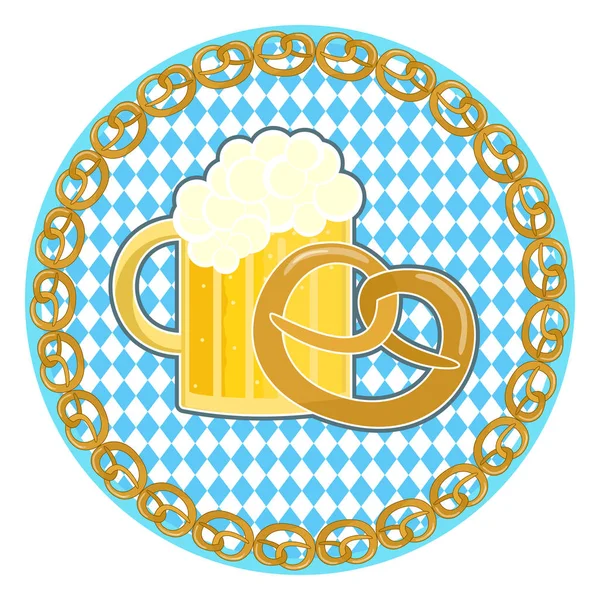 Oktoberfest symbol med öl och Kringla på runda bayerska flagga bakgrund — Stock vektor
