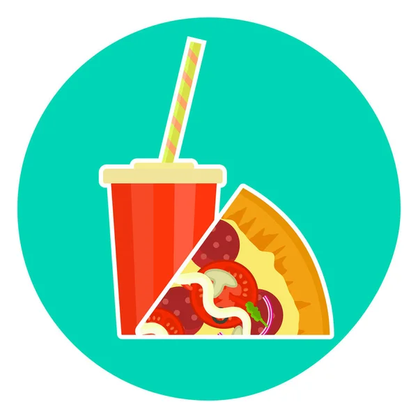 Плоский красочный вектор прекрасная пара быстрого питания - кола и пицца — стоковый вектор