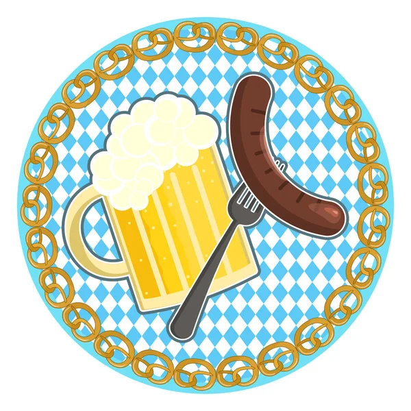 Oktoberfest symbol med öl och korv på runda bayerska flagga bakgrund — Stock vektor