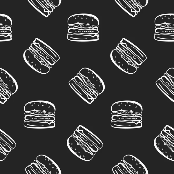 Fast food μοτίβο με μπιφτέκια σε μαύρο φόντο — Διανυσματικό Αρχείο