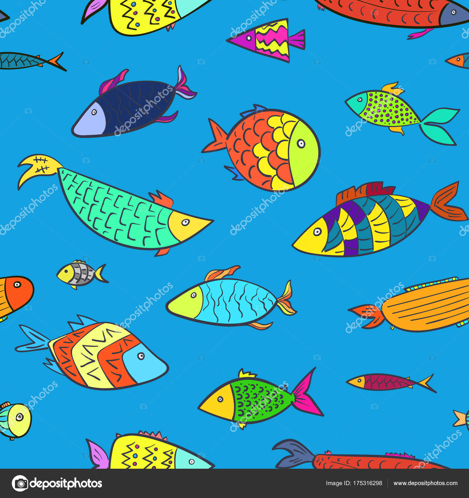 Reticolo senza giunte marino con pesci di colore fumetto bambini svegli Pacchetto navale pesci acquario o fiume colorati su sfondo blu per bambini tessile