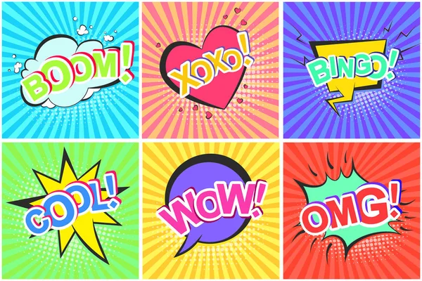 Retro comic speech bubbles with omg wow cool boom - Stok Vektor