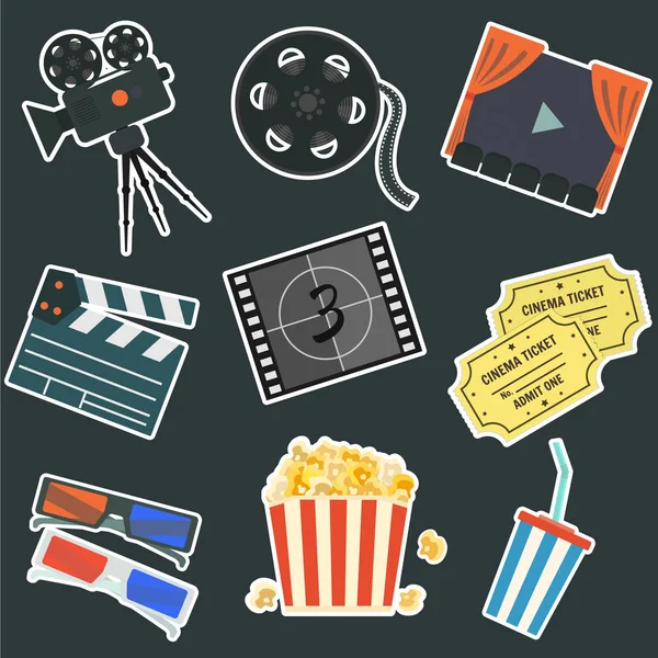 Bonito conjunto de etiquetas engomadas de cine vector plano — Vector de stock