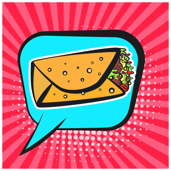 Λαμπερό ρετρό κωμικό ομιλία φούσκα με burrito σύμβολο — Διανυσματικό Αρχείο
