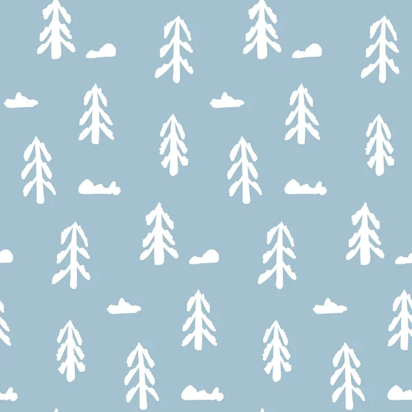 El ile Seamless Modeli basit beyaz çam ağaçları çizilmiş — Stok Vektör