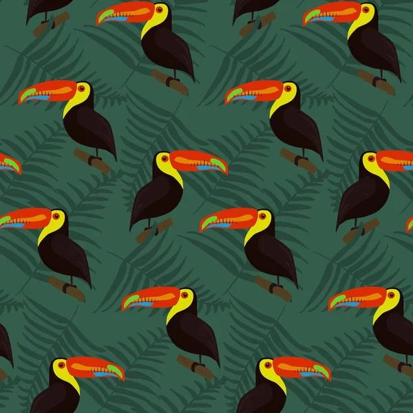 Σκοτεινό δάσος μοτίβο με έντονο toucans και φύλλα — Διανυσματικό Αρχείο