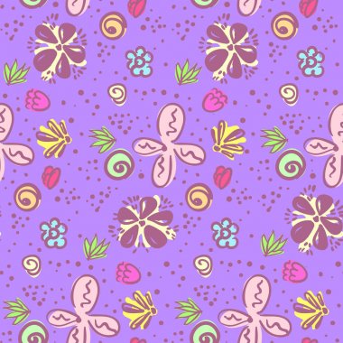 Tatlı parlak mor çiçek desenli doodle