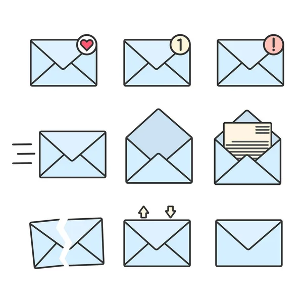 Conjunto de envelopes planos azuis com sinais de mensagem — Vetor de Stock