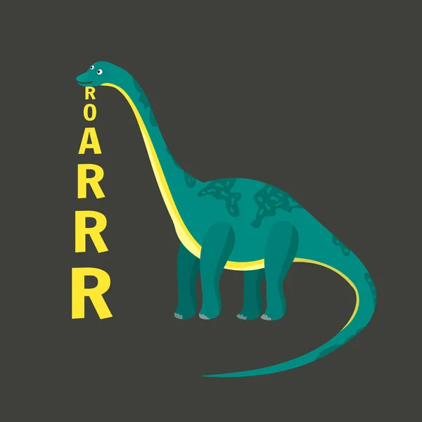 Platte cartoon vector diplodocus dinosaurus met roar verticale tekst — Stockvector