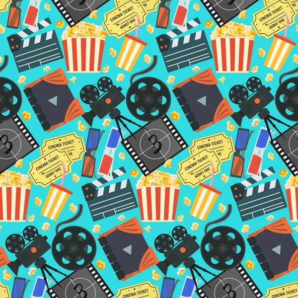 Patrón de cine a color con cámara, entradas, palomitas de maíz — Vector de stock