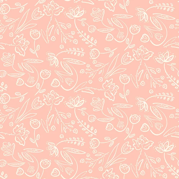 Teder roze patroon met veer hand getekende bloemen — Stockvector