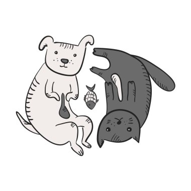 Sevimli çizgi yin yang sembolü ile kedi, köpek, Balık