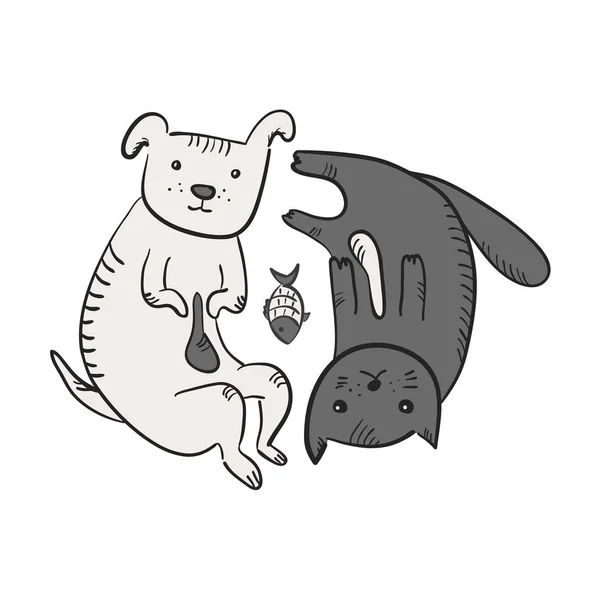 Bonito desenho animado yin yang símbolo com gato, cão, peixe — Vetor de Stock